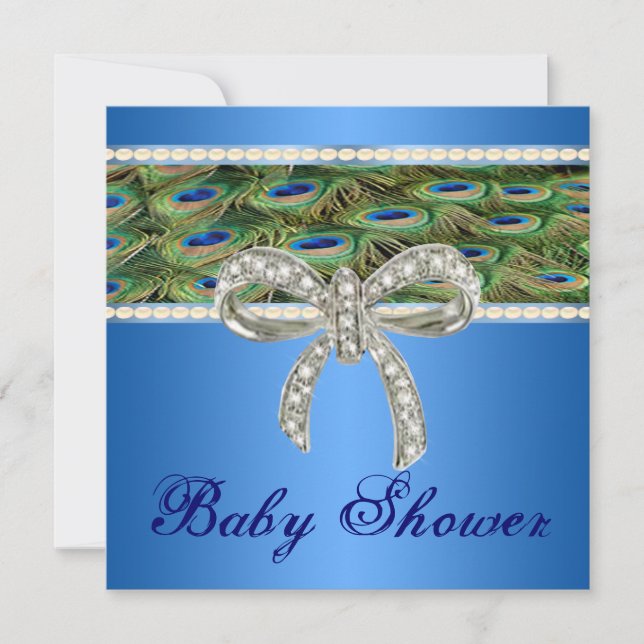 Blue Peacock Diamond Bow Baby Shower Invitation (Front)