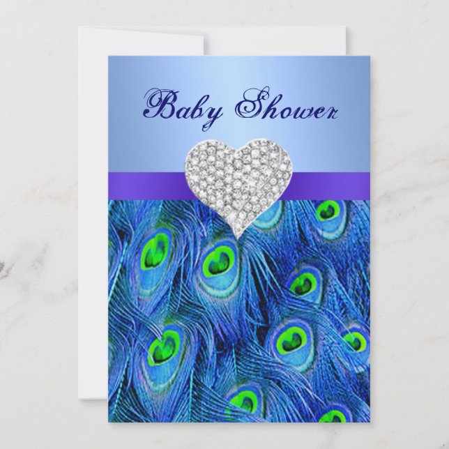 Blue Peacock Diamond Heart Baby Shower Invitation (Front)