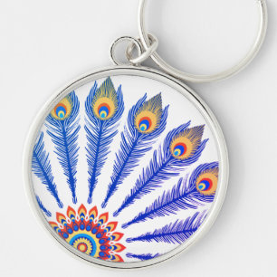 Blue Peacock Feather Mandala Keychain - Boho India