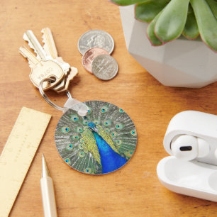 Blue Peacock Feather Plumage Photo Key Ring
