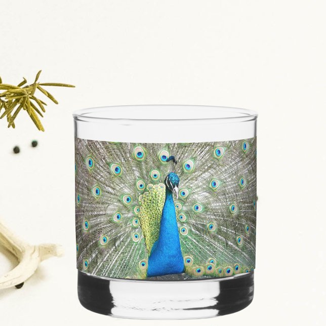 Blue Peacock Feather Plumage Whiskey Glass (In Situ)