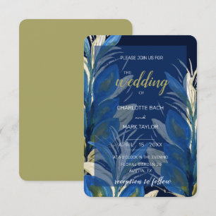 Blue Peacock Feathers Leaves Watercolor Invitation
