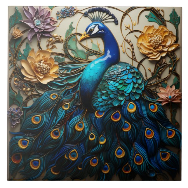 Blue Peacock, Flowers, 3D Effect, Colourful Tile (Front)