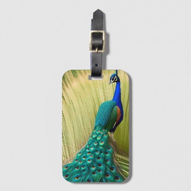 Blue Peacock in grass  Luggage Tag (Front Vertical)