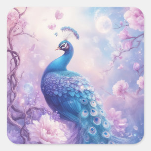 Blue Peacock in Magical Lavender Moonlit Garden Square Sticker