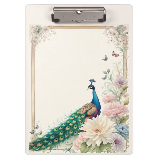 Blue Peacock in Pastel Flower Garden Clipboard (Front)