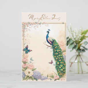Blue Peacock in Pastel Flower Garden II Stationery