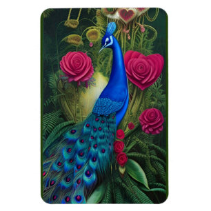 Blue Peacock in Pink Heart Rose Garden Magnet