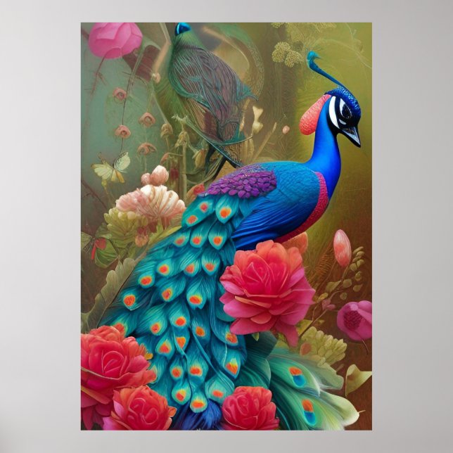 Blue Peacock in Pink Heart Rose Garden Poster (Front)