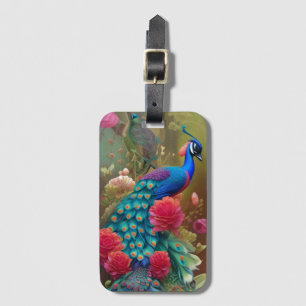 Blue Peacock in Pink Rose Garden  Luggage Tag