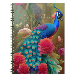 Blue Peacock in Pink Rose Garden  Notebook