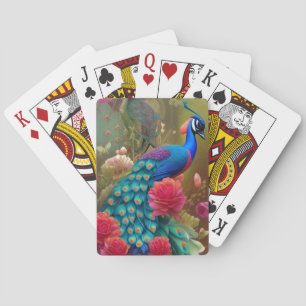 Blue Peacock in Pink Rose Garden Playing Cards