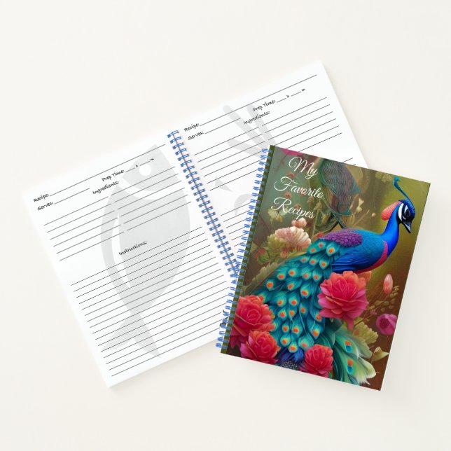 Blue Peacock in Pink Rose Garden Recipe Notebook (Inside)