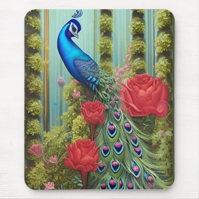 Blue Peacock in Rose and Fern Garden  Mouse Mat (Front)