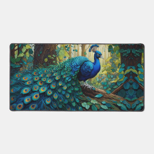 Blue Peacock in the forest Desk Mat