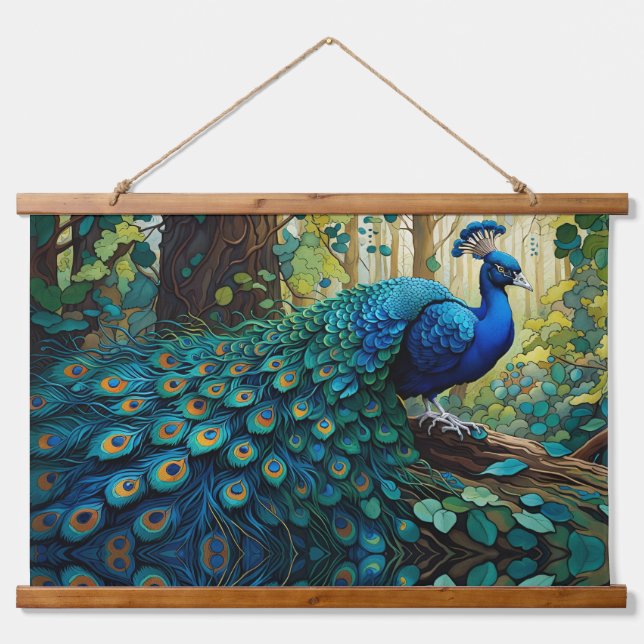 Blue Peacock in the forest Hanging Tapestry (Front)