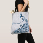 Blue Peacock Leaf Vine Bridesmaid Tote<br><div class="desc">Personalise a all over print bag for your bridesmaids with a Blue Peacock Leaf Vine Bridesmaid's Tote Bag. Tote design features a light grey grunge background with a vibrant blue peacock with a leaf vine embellishment. Personalise with the bridesmaid's name or keep the bridesmaid title. Additional wedding stationery and gifts...</div>