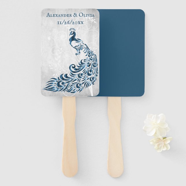 Blue Peacock Leaf Vine Hand Fan (Front and Back)