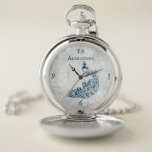 Blue Peacock Leaf Vine Personalised Pocket Watch<br><div class="desc">Personalise a unique gift for your Groomsmen with a Blue Peacock Leaf Vine Personalised Pocket Watch. Watch design features a light grey grunge background with a vibrant blue peacock with a leaf vine embellishment. Personalise with the groomsmen's name. Additional wedding stationery and gifts available with this design as well. Need...</div>