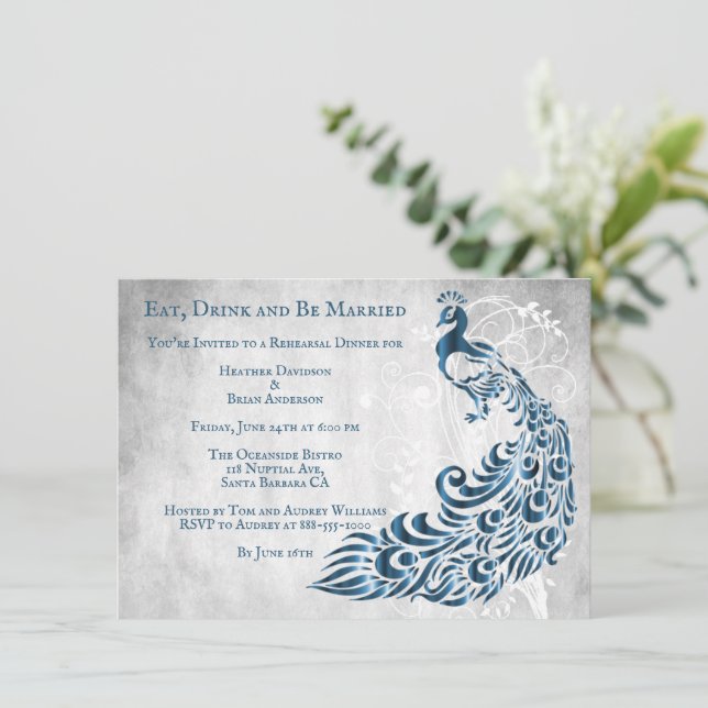 Blue Peacock Leaf Vine Rehearsal Dinner Invite (Standing Front)