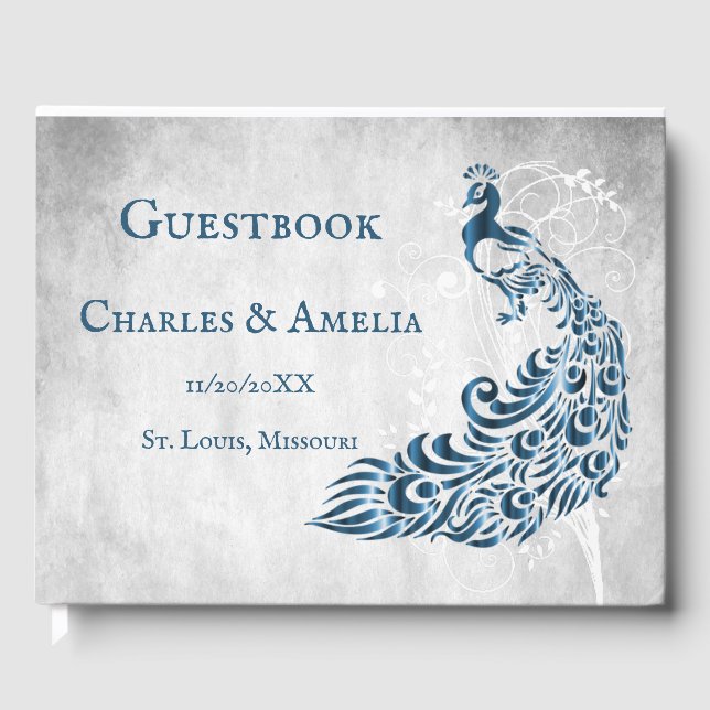Blue Peacock Leaf Vine Wedding Guestbook (Front)