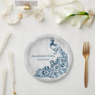 Blue Peacock Leaf Vine Wedding Paper Plate