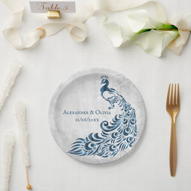 Blue Peacock Leaf Vine Wedding Paper Plate (Wedding)