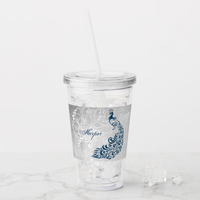 Blue Peacock Personalised Acrylic Tumbler (Front Ice)