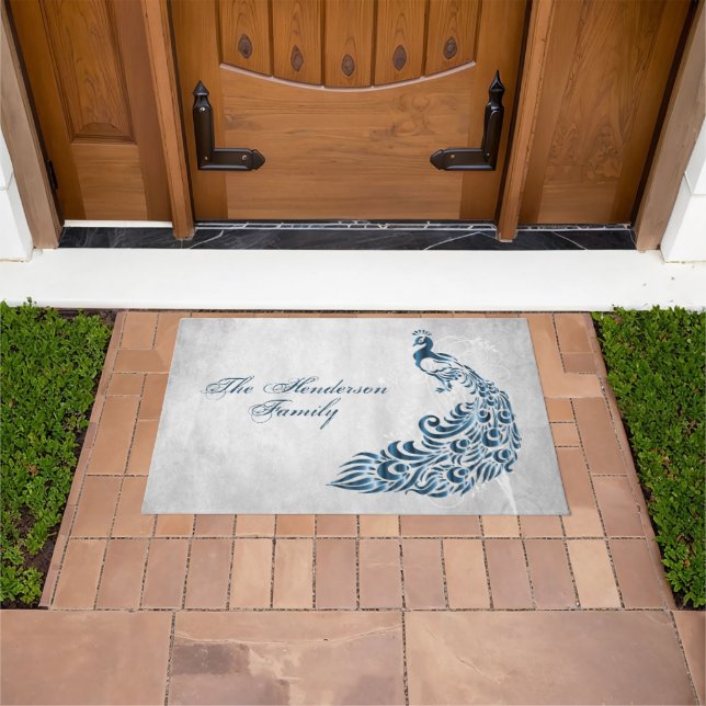 Blue Peacock Personalised Door Mat (Outdoor)