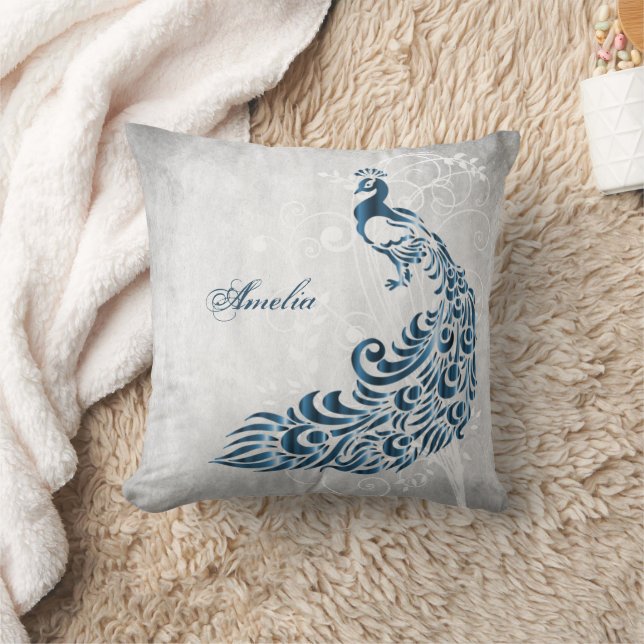 Blue Peacock Personalised Throw Pillow (Blanket)