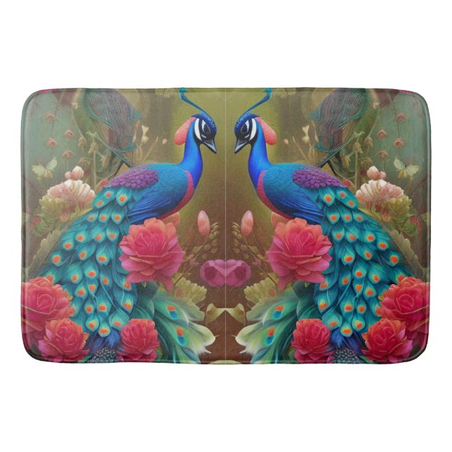 Blue Peacock, Pink Rose Garden   Bath Mat (Front)