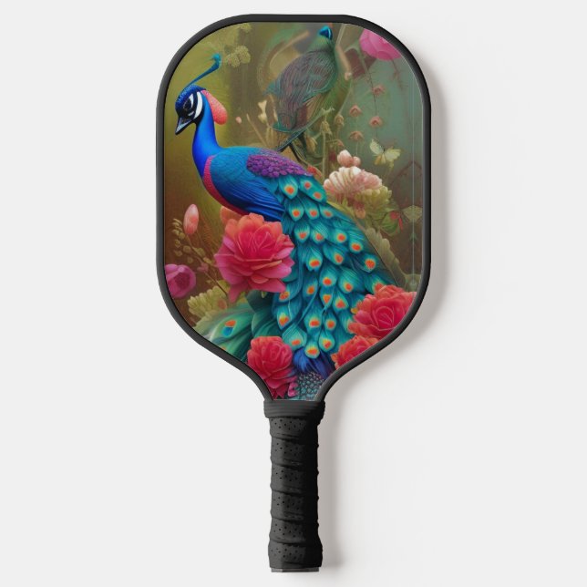 Blue Peacock, Pink Rose Garden   Pickleball Paddle (Front)