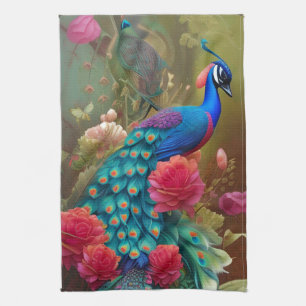 Blue Peacock, Pink Rose Garden Tea Towel