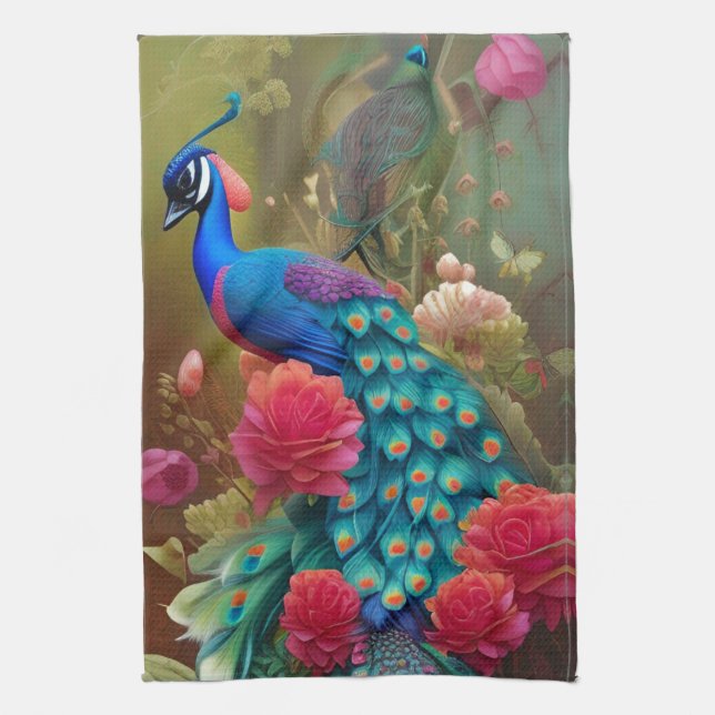 Blue Peacock, Pink Rose Garden  Tea Towel (Vertical)