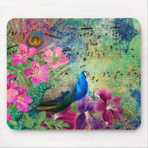Blue Peacock Purple Pink Flowers Musical Notes Mouse Mat