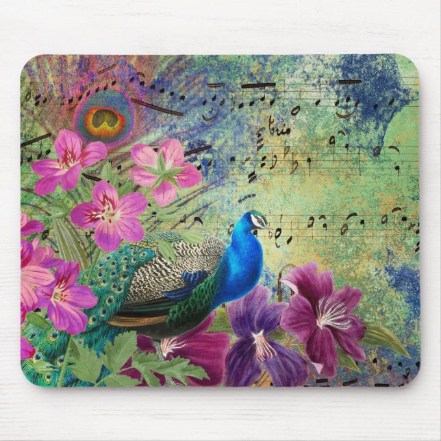 Blue Peacock Purple Pink Flowers Musical Notes Mouse Mat (Front)