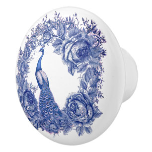 Blue Peacock Rose Floral Border Ceramic Knob