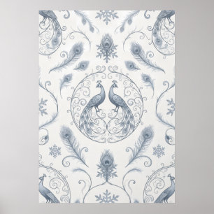Blue Peacock Snowflake Winter Pattern Poster