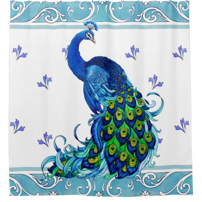 Blue Peacock Swirl Shower Curtain (Front)