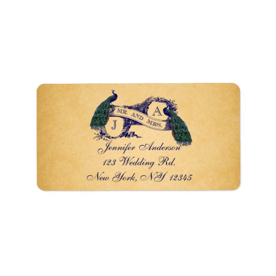 Blue Peacock Vintage Paper Wedding RSVP Address Label