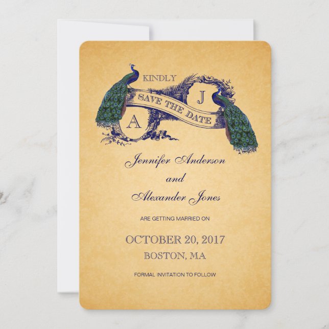 Blue Peacock Vintage Save the Date Announcement (Front)