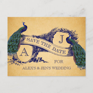 Blue Peacock Vintage Save the Date Postcard