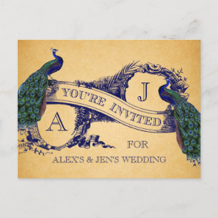 Blue Peacock Vintage Wedding Invitation Postcard