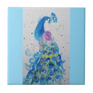 Blue Peacock Watercolor Baby Blue Australian Tile