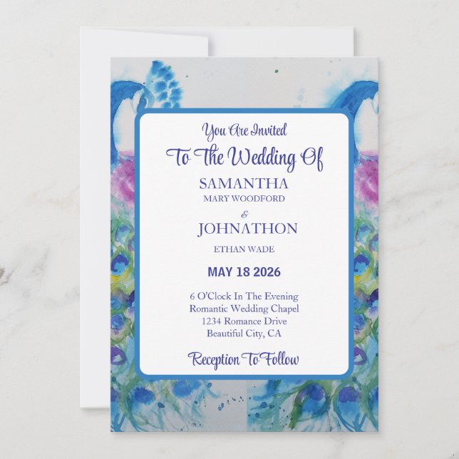 Blue Peacock Watercolor Flower Wedding Invitation (Front)