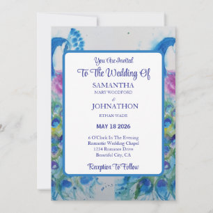 Blue Peacock Watercolor Flower Wedding Invitation