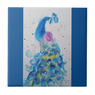 Blue Peacock Watercolor Navy Blue Bird Birds Tile