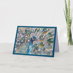 Blue Peacock Watercolour and ink Birthday Card