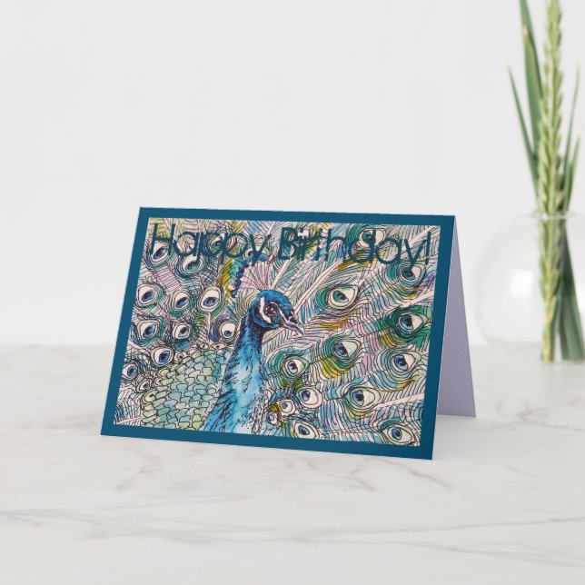 Blue Peacock Watercolour and ink Birthday Card (Front)