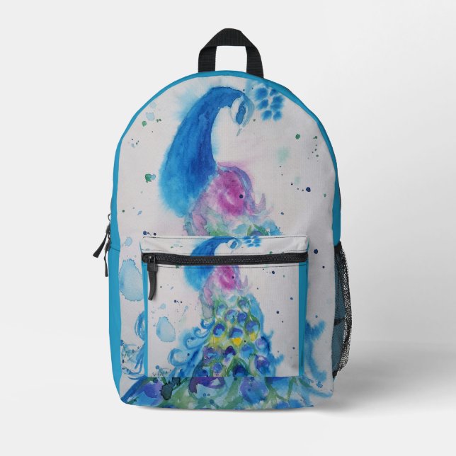 Blue Peacock Watercolour Reusable Grocery Bag (Front)
